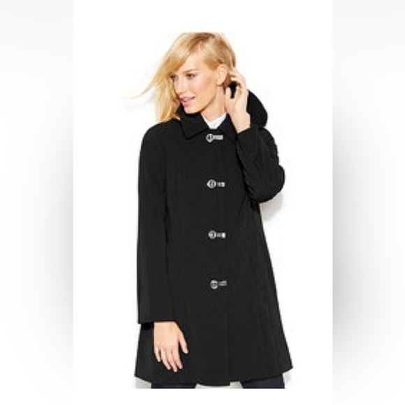 London Fog A-Line Raincoat Silver Clip Grommets Sz Med Removable Hood Blk Trench - Picture 1 of 13